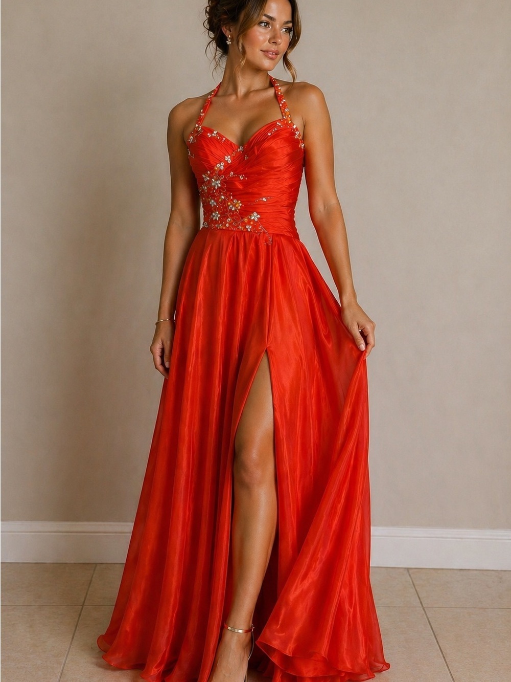 Orange Halter Prom Gown with Embellished Bodice